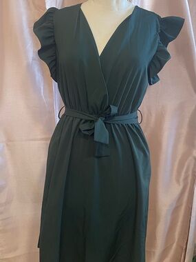 Faux Wrap Dress with Flutteri Sleeves in Deep Green
